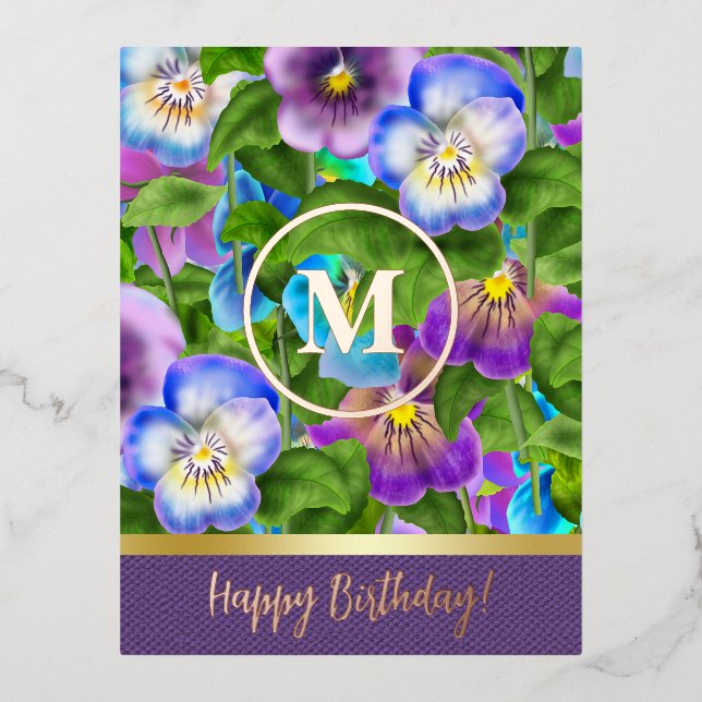 Carte Postale De Vacances En Aluminium Monogramme Anniversaire Pansy Violet Fleurs Aquare (Recto)
