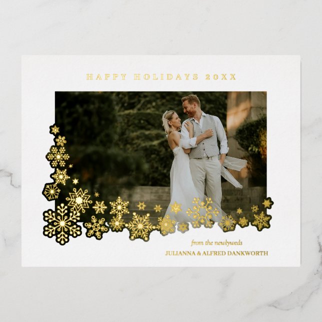 Carte Postale De Vacances En Aluminium Newlyweds First Christmas Snowflakes Frame Photo (Recto)
