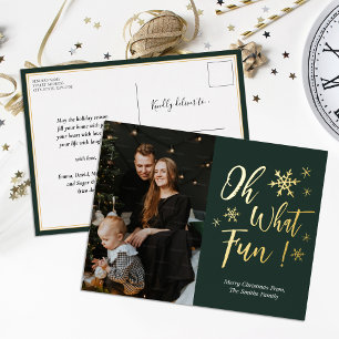 Carte Postale De Vacances En Aluminium Oh What Fun Green Gold Calligraphie Snowflake Phot