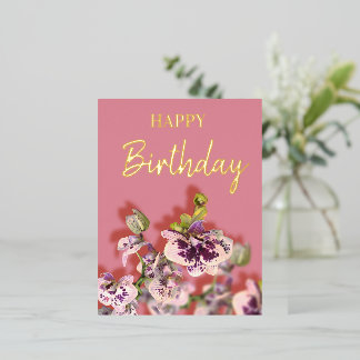 Carte Postale De Vacances En Aluminium Orchids Tropical  Floral Happy Birthday Real Gold 