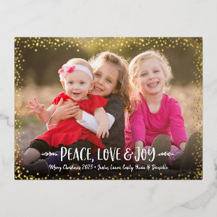 Carte Postale De Vacances En Aluminium Peace Love Joy Script Christmas Photo Real Gold