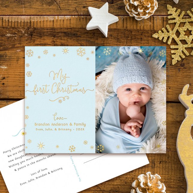 Carte Postale De Vacances En Aluminium Photo de bébé Mon premier Noël Aqua Blue Real Gold (Créateur téléchargé)