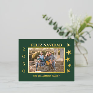 Carte Postale De Vacances En Aluminium Photo de famille verte Feliz Navidad Gold Foil