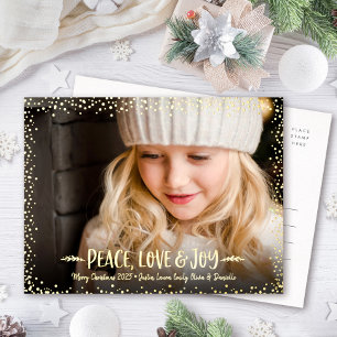 Carte Postale De Vacances En Aluminium Photo de Noël Peace Love Joie Script Real Gold