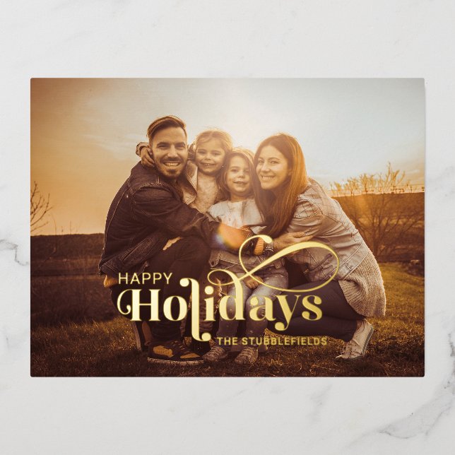 Carte Postale De Vacances En Aluminium Photo famille Noël Calligraphie Salutations Gold (Recto)