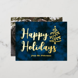 Carte Postale De Vacances En Aluminium Photo moderne Happy Holiday Tree Blue Gold