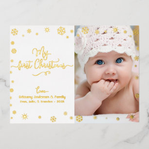 Carte Postale De Vacances En Aluminium Photo Mon premier Noël Baby Snowflakes Real Gold