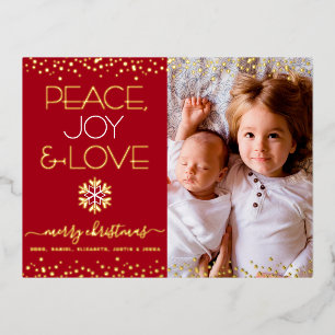 Carte Postale De Vacances En Aluminium Red Christmas Peace Joy Love Photo Real Gold