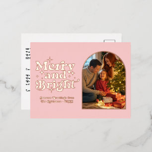 Carte Postale De Vacances En Aluminium Rose Gold & Blush Joyeux et Lumineux Noël Rétro