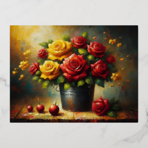 Carte Postale De Vacances En Aluminium Roses rouges et jaunes dans un pot