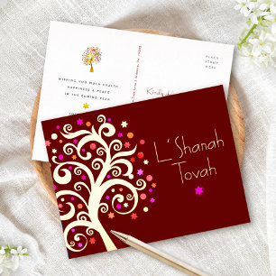 Carte Postale De Vacances En Aluminium Rosh Hashanah Bourgogne Arbre de Vie Rouge Or Réel
