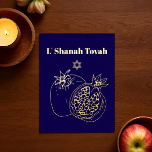 Carte Postale De Vacances En Aluminium Rosh Hashanah Gold Foil bleu juif