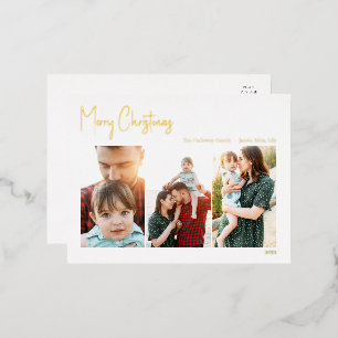 Carte Postale De Vacances En Aluminium Script de Noël moderne Trois photos   Gold Foil Ho