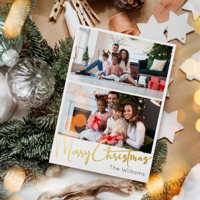 Carte Postale De Vacances En Aluminium Script festif Joyeux or de Noël à deux photos (Créateur téléchargé)