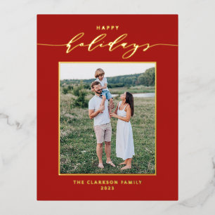 Carte Postale De Vacances En Aluminium Script moderne Red Happy Holidays Photo