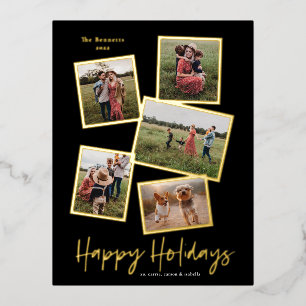 Carte Postale De Vacances En Aluminium Simple Script Happy Holidays 3 Photo Collage Gold