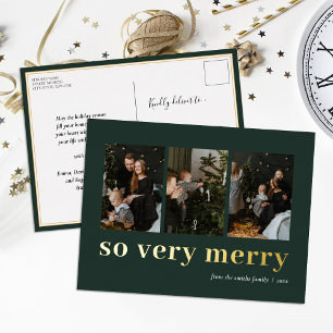 Carte Postale De Vacances En Aluminium So Very Merry Green Gold Modern 3 Photo Collage