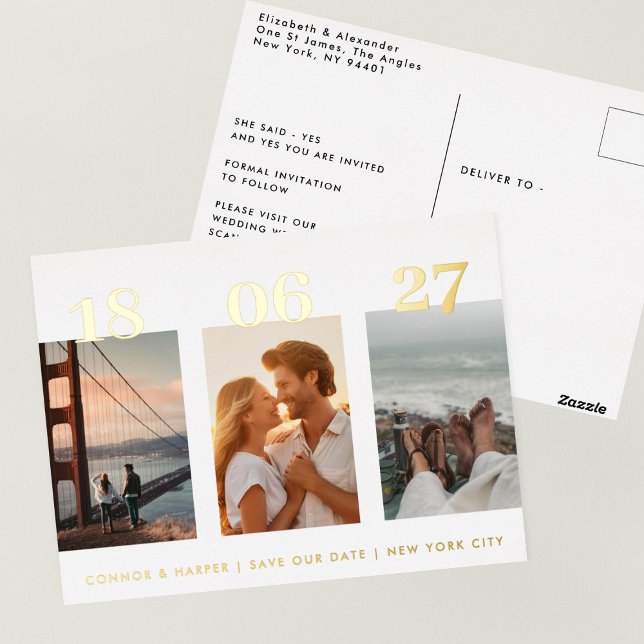 Carte Postale De Vacances En Aluminium Trois Photo Enregistrer La Date Mariage (Créateur téléchargé)