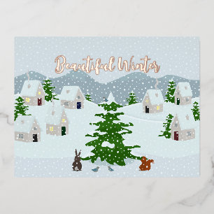 Carte Postale De Vacances En Aluminium Village d'hiver avec neige, lapin, écureuil et pin