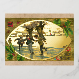 Carte Postale De Vacances En Aluminium Vintage 1909 Garçons Patinage sur glace Or Noël Or