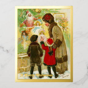 Carte Postale De Vacances En Aluminium Vintage 1912 Mère et Enfant Joyeux Noël Or