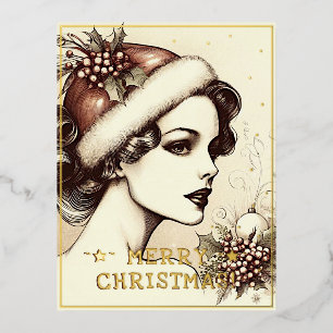 Carte Postale De Vacances En Aluminium Vintage Lady Joyeux voeux de Noël Retro Pic