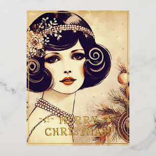 Carte Postale De Vacances En Aluminium Vintage Lady Joyeux voeux de Noël Retro Pic