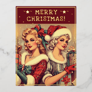 Carte Postale De Vacances En Aluminium Vintage Mesdames thème Noël Salutations Retro Pic