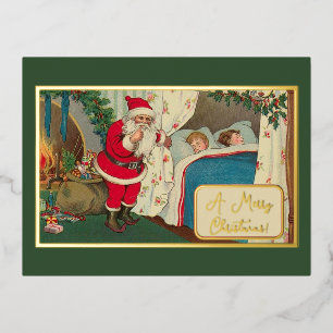 Carte Postale De Vacances En Aluminium Vintage Vert Noël Eve Père Noël Cadeaux Enfants