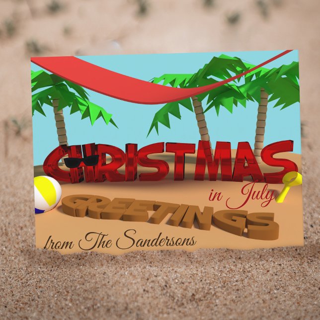 Carte postale de Vœux de Noël personnalisés en jui (Greetings from the beach! Here's a Christmas in July postcard you can send to your family & friends)