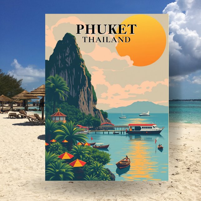 Carte postale de voyage à Phuket Thaïlande Plage (Phuket Thailand Beach Boat Art Postcard)