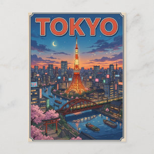 Carte postale de voyage d'animé vintage de Tokyo