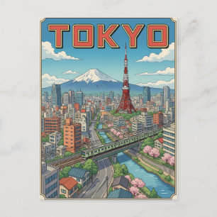 Carte postale de voyage d'animé vintage de Tokyo