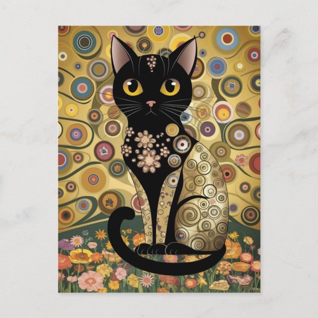 Carte Postale Décor doré Gustav Klimt Style Chat Noir Art (Devant)