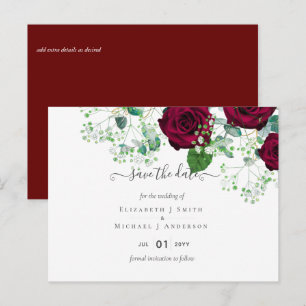 Carte Postale Deep Red Burgundy Mariage Rose Enregistrer la date