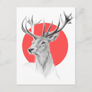 Carte Postale Deer head Stag drawing Red circle Animal art