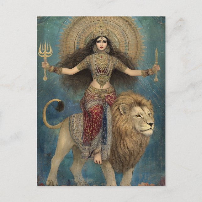 Carte Postale Déesse Durga chevauchant Lion Turquoise Or Art (Devant)
