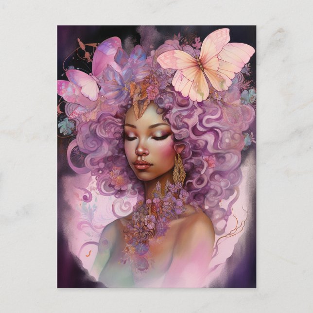 Carte Postale Déesse noire Art Imaginaire rose violet (Devant)