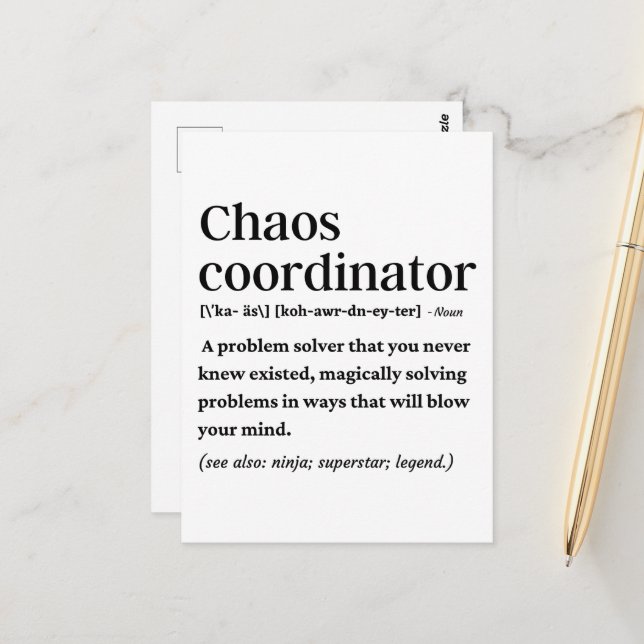 Carte Postale Définition du coordinateur de chaos drôle (Devant/Arrière en situation)