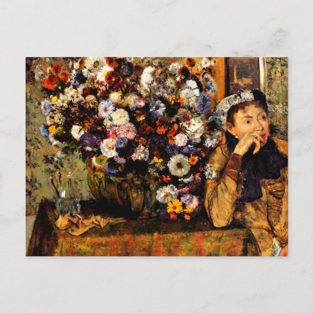 Carte Postale Degas - Une femme assise à côté d'un vase de fleur (Devant)