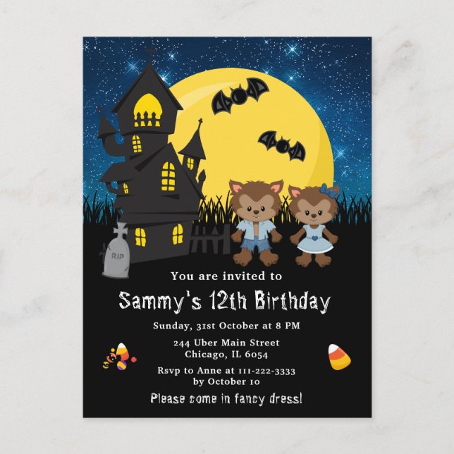Carte Postale Déguisement Halloween Anniversaire Loup-Garou Bleu (Devant)