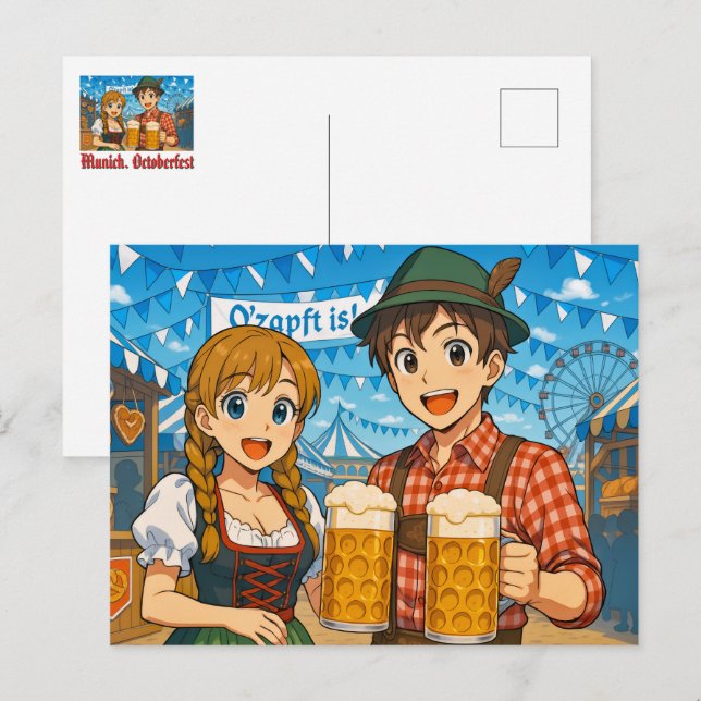 Carte Postale Dégustation de bière pendant Octoberfest à Munich, (Devant / Derrière)
