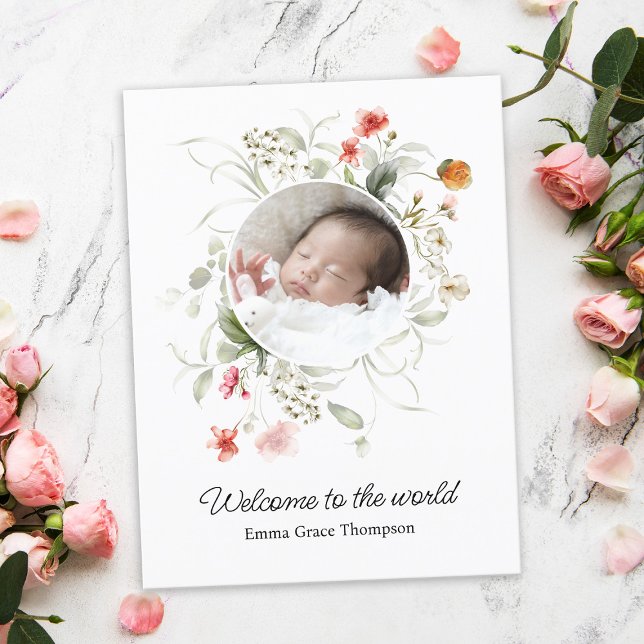 Carte Postale Délicat Faire-part de naissance floral aquarelle (Créateur téléchargé)