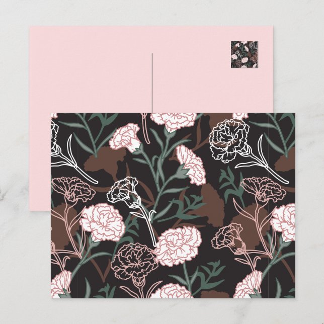Carte Postale Délicates oeillets roses avec fleurs Feuilles vert (Devant / Derrière)