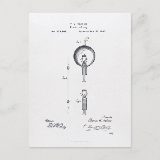 Carte Postale Demande de brevet de l'ampoule légère de Thomas Ed (Devant)