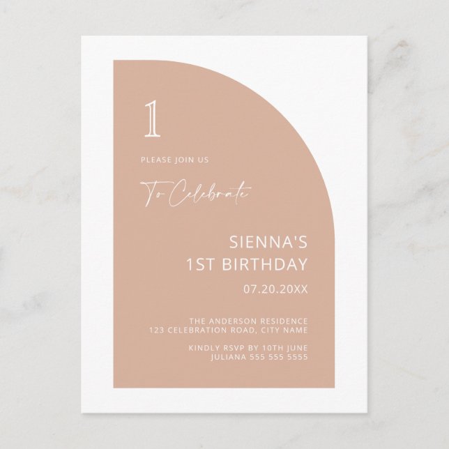 Carte Postale Demi-arc moderne Blush Rose Girl 1er anniversaire  (Devant)