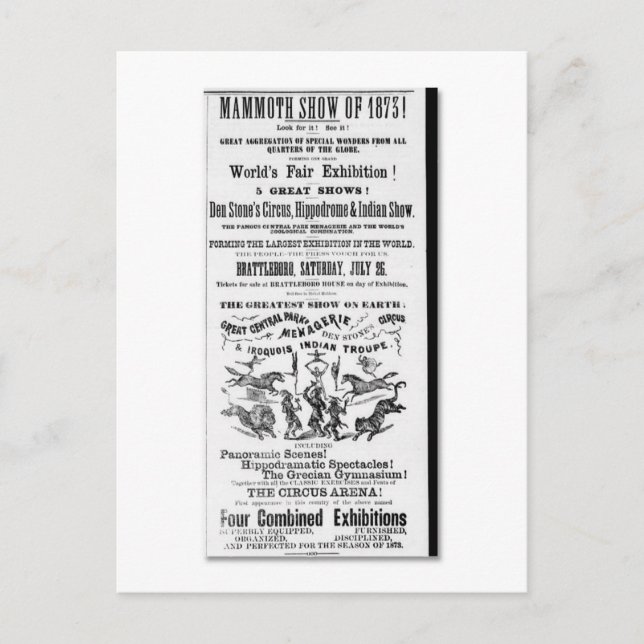 Carte Postale Den Stone's Circus, Menagerie & Indienne Show Ad (Devant)