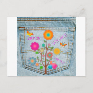 Carte Postale Denim Back Fleurs de poche Paix Aimer Espoir