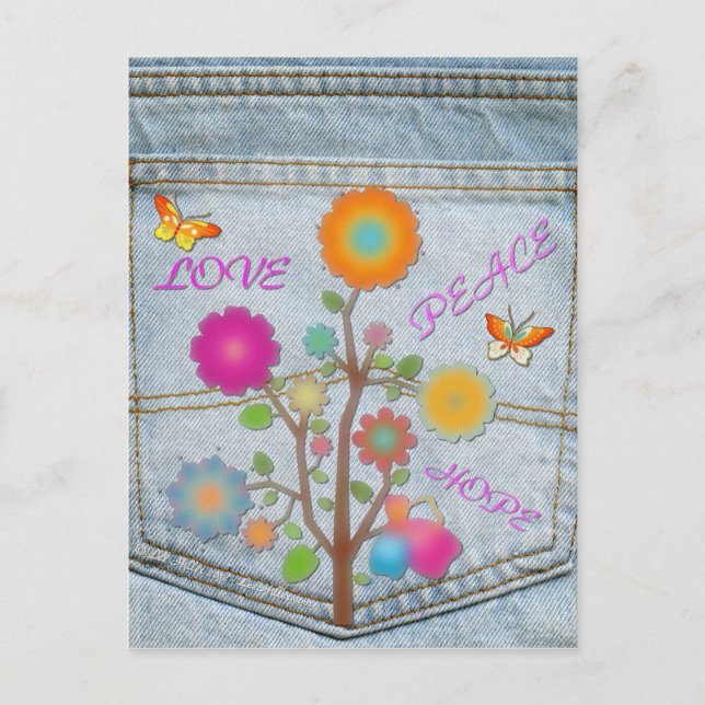 Carte Postale Denim Back Fleurs de poche Paix Aimer Espoir (Devant)