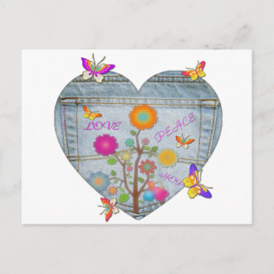 Carte Postale Denim Pocket Fleurs cardiaques Papillons